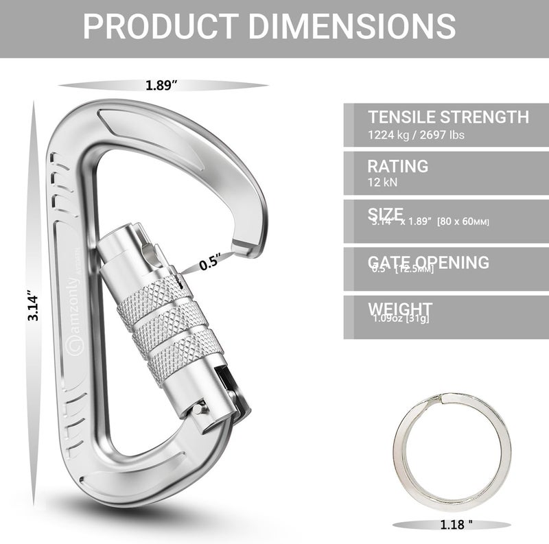 Amzonly 3inch Auto Locking Carabiner Clips Heavy Duty, 12KN /2697lbs Lightweight keychain carabiners, Sturdy Twist Lock Caribeeners for Camping Hiking Hammock Swing Backpack, dog leash and Harness etc - Image 2